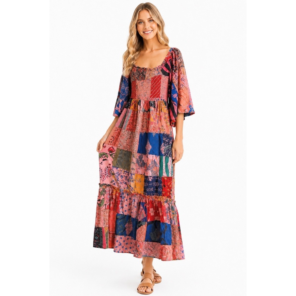 Earthbound Trading Co Patchwork Maxi Dress S Cotton Boho Peasant Cottage Hippie